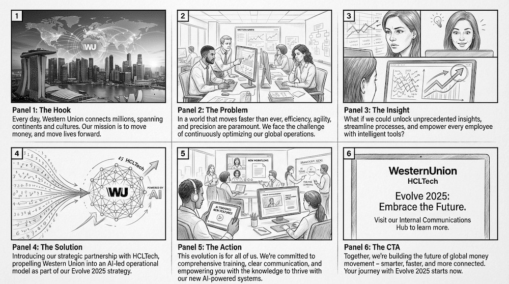 Western Union marketing video storyboard showing six panels with script, shot directions, and narrative structure
