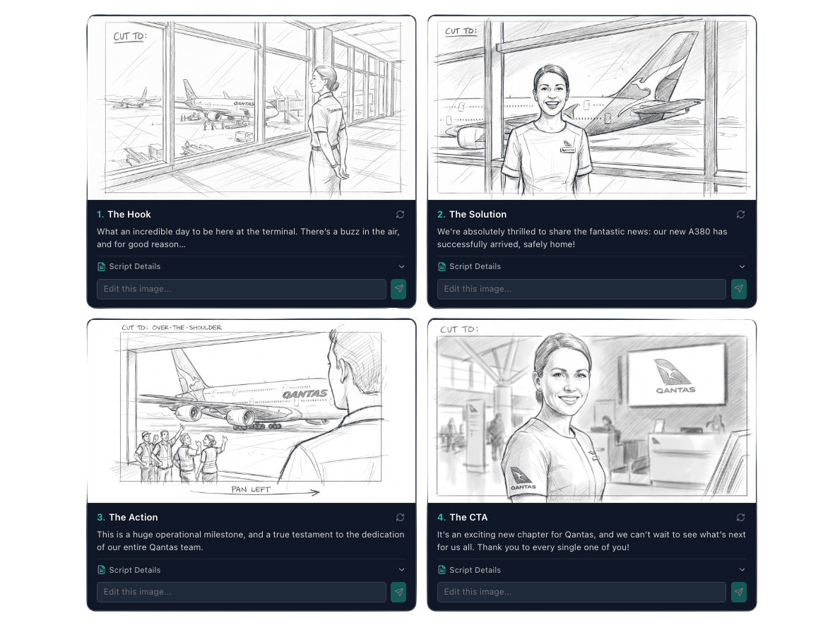 AI-generated storyboard showing a 6-panel video production layout with scenes, captions, and shot directions